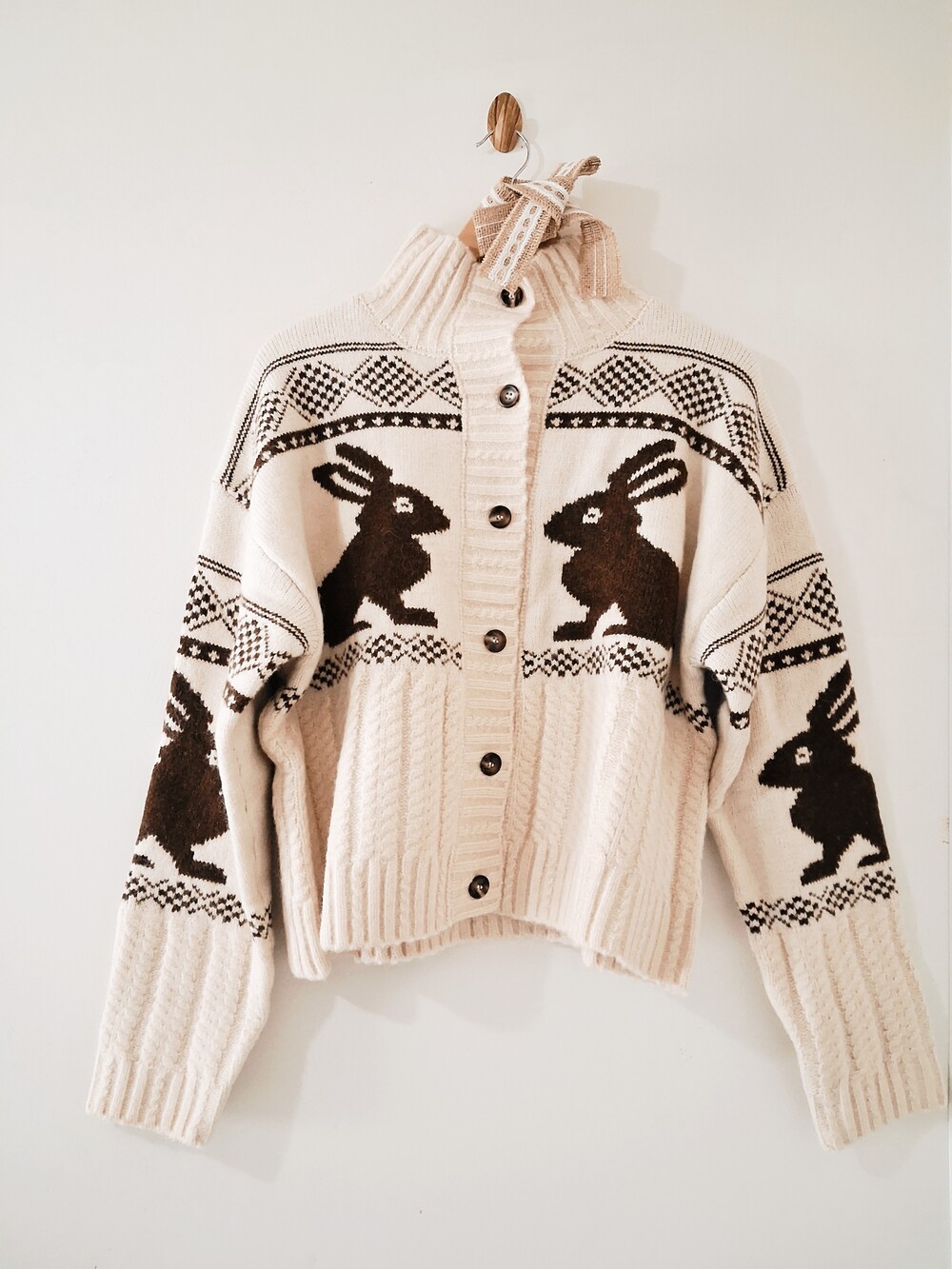 Blu Pepper Cozy Woodland Cottage Bunny Cream Fair Isle Soft Cable Knit Cardigan